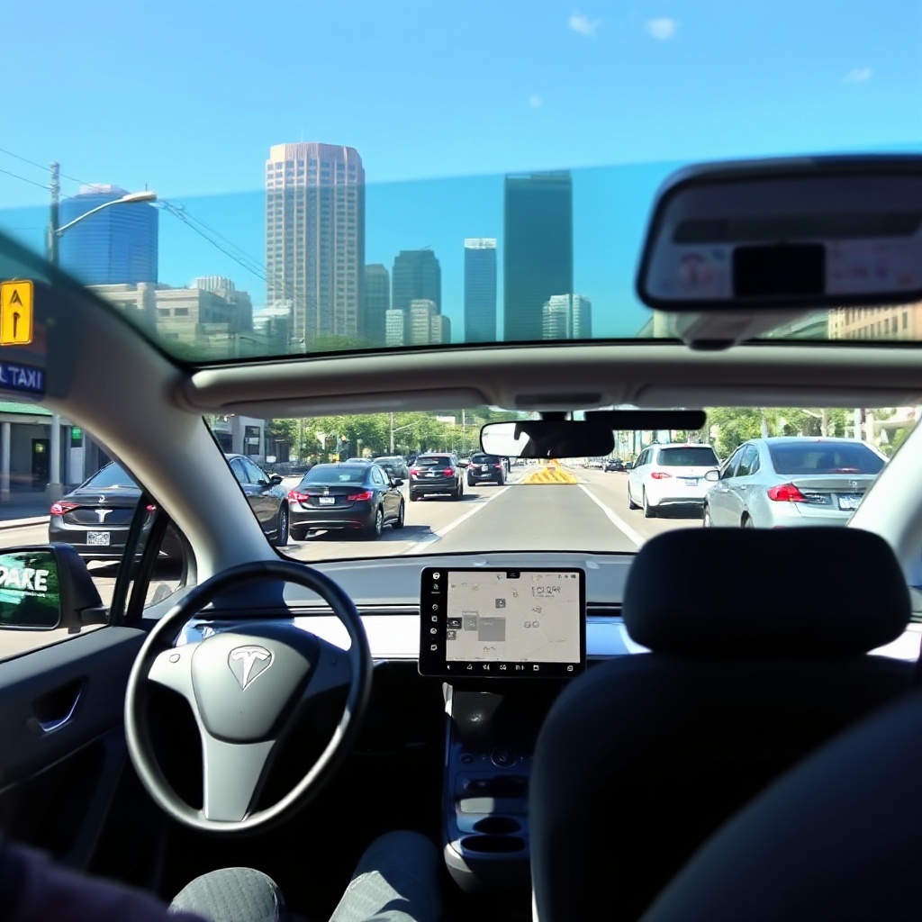 A Tesla Model Y robotaxi driving on a busy Austin street with visible Tesla branding and 'Robotaxi' marking, showing the vehicle navigating traffic with a safety monitor visible in the passenger seat. The South Austin skyline is visible in the background with clear blue skies.