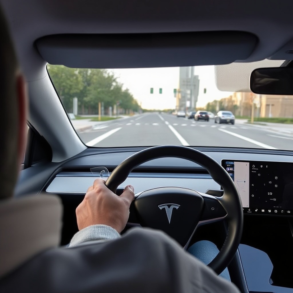 A close-up shot of a Tesla Model Y dashboard displaying the Full Self-Driving interface while navigating an intersection, with the steering wheel visibly moving on its own. The vehicle's camera system can be seen mounted near the rearview mirror, highlighting Tesla's camera-only approach to autonomous driving.