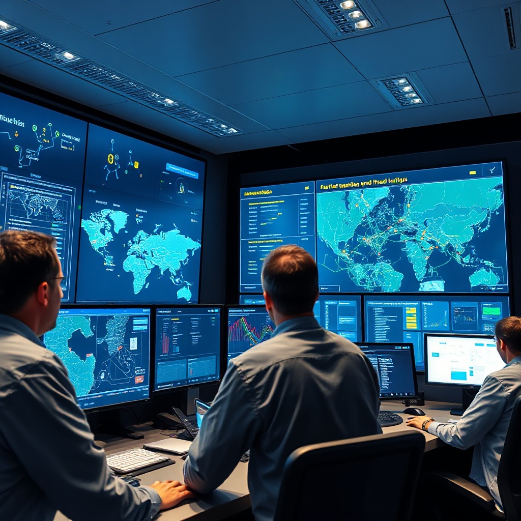 A modern fleet operations center with large digital displays showing real-time maps of vehicle locations, transaction data, and AI-powered fraud alerts. The scene shows fleet managers looking at screens where suspicious transactions are being flagged in real time, with visual indicators connecting vehicle GPS positions to transaction locations.