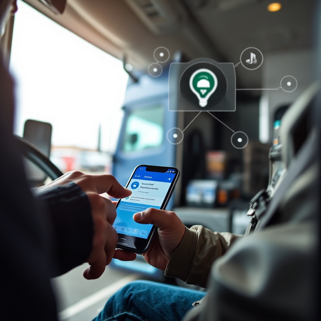 A close-up of a truck driver at a fuel station using a fleet card while their smartphone displays a secure verification notification. In the background, the truck's telematics system is visible, transmitting data about location and fuel levels to the central management system, illustrating the integrated nature of modern fleet management.