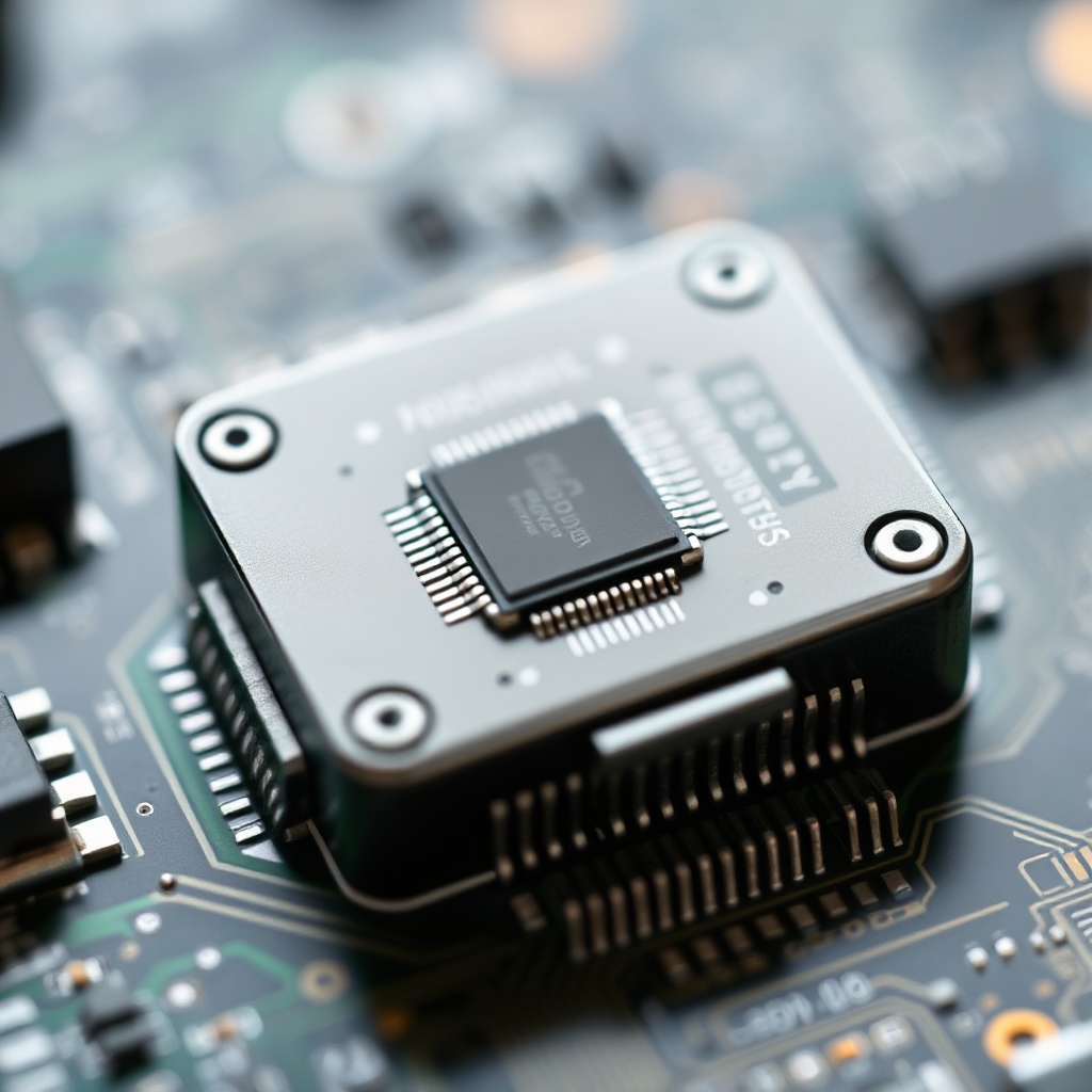 A close-up of a modern IoT device (like a smart sensor or gateway) with a secure authentication IC chip visible on its circuit board. The chip should be highlighted or focused on, with the rest of the circuit board visible but slightly blurred, showing the integration of security hardware into IoT devices.