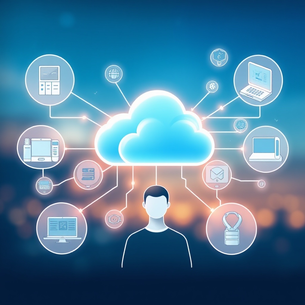 A visualization of the cloud-based credential management process, showing multiple IoT devices (industrial sensors, smart home devices, wearables) connecting to a central cloud service. The devices should be diverse and distributed across different environments, with ethereal digital connection lines showing secure data exchange between the devices and cloud.