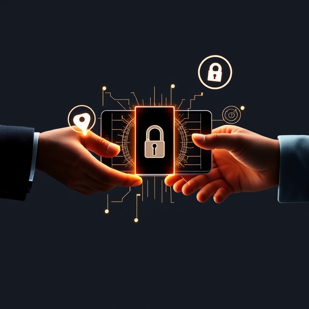 A representation of secure device ownership transfer, showing a device being passed from one user/organization to another with digital security elements visualized around it. The image should show two people or entities (could be represented by hands or silhouettes) with the device between them, and digital security elements (like a key, shield, or secure connection visualization) forming around the device during the transfer.