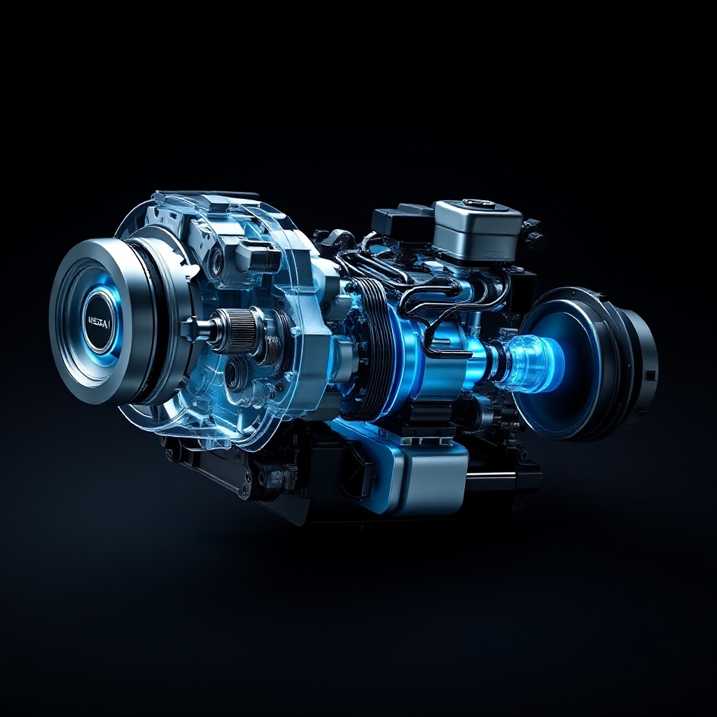 A close-up cutaway view of Nissan's third-generation e-POWER system showing the integrated 5-in-1 modular powertrain with its motor, inverter, reducer, generator and increaser components, with a blue glow emanating from the electric components against a dark background, highlighting the compact and sophisticated engineering.