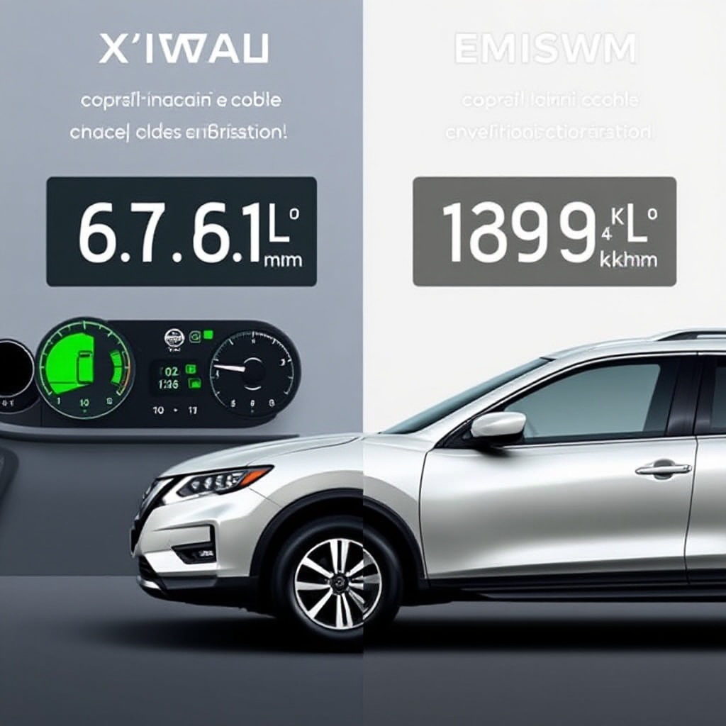 Side-by-side comparison showing a Nissan X-Trail e-POWER next to fuel economy and emissions displays, visualizing the 6.1L/100km fuel consumption and 139g/km CO2 emissions compared to conventional models, with subtle green design elements suggesting environmental benefits.