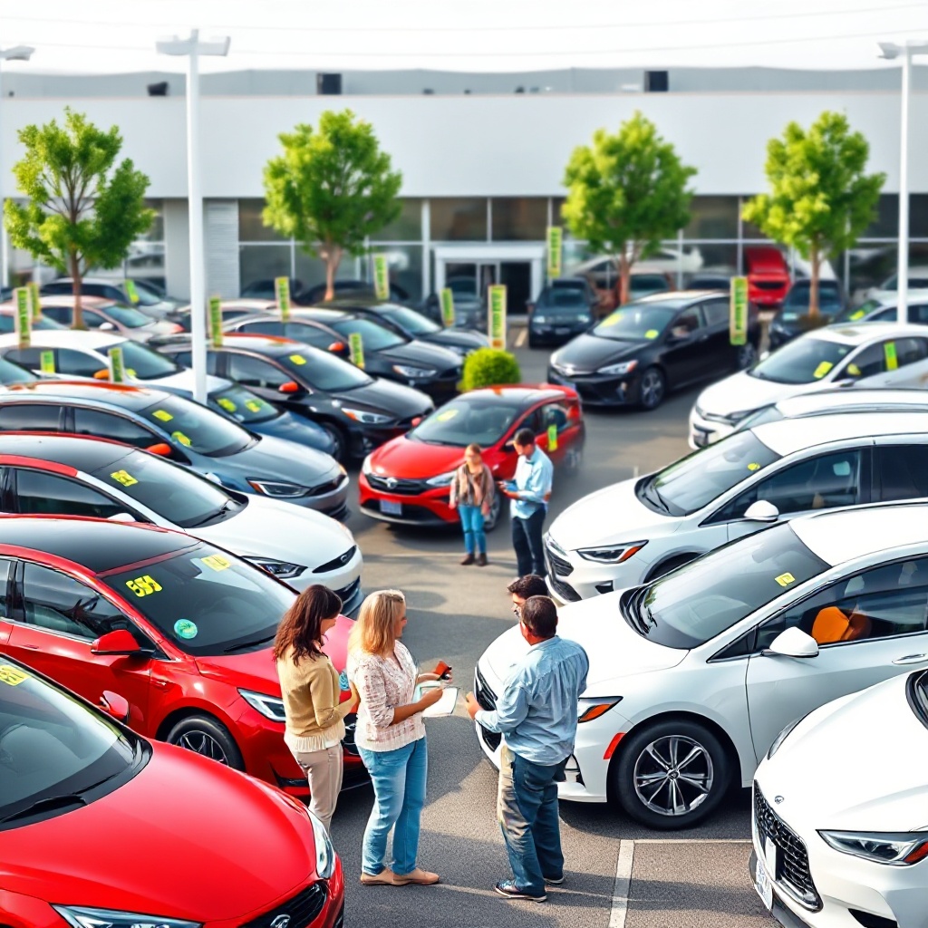 A modern used car dealership lot with prominent rows of diverse electric vehicles in the foreground, showing a variety of makes and models including Teslas, Chevrolet Bolts, and Ford F-150 Lightnings. Visible price tags show attractive pricing under $25,000, with a family looking at options while a salesperson shows them features on a tablet. The image should convey abundance, affordability and mainstream appeal.