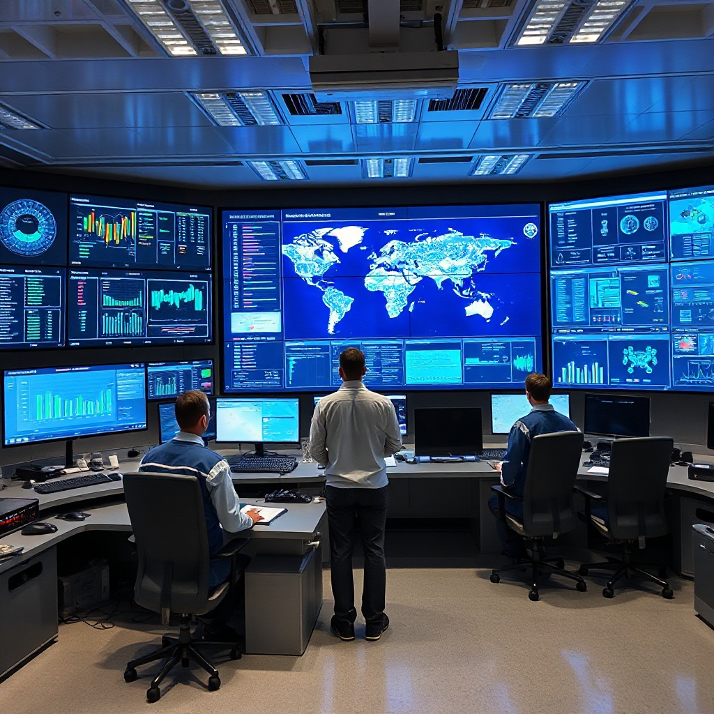 A modern manufacturing facility control room with multiple large screens displaying real-time supply chain data, product configuration models, and analytics dashboards. Engineers and procurement specialists collaborate in front of the displays, with visualization of materials flowing through a global supply network visible on the main screen.