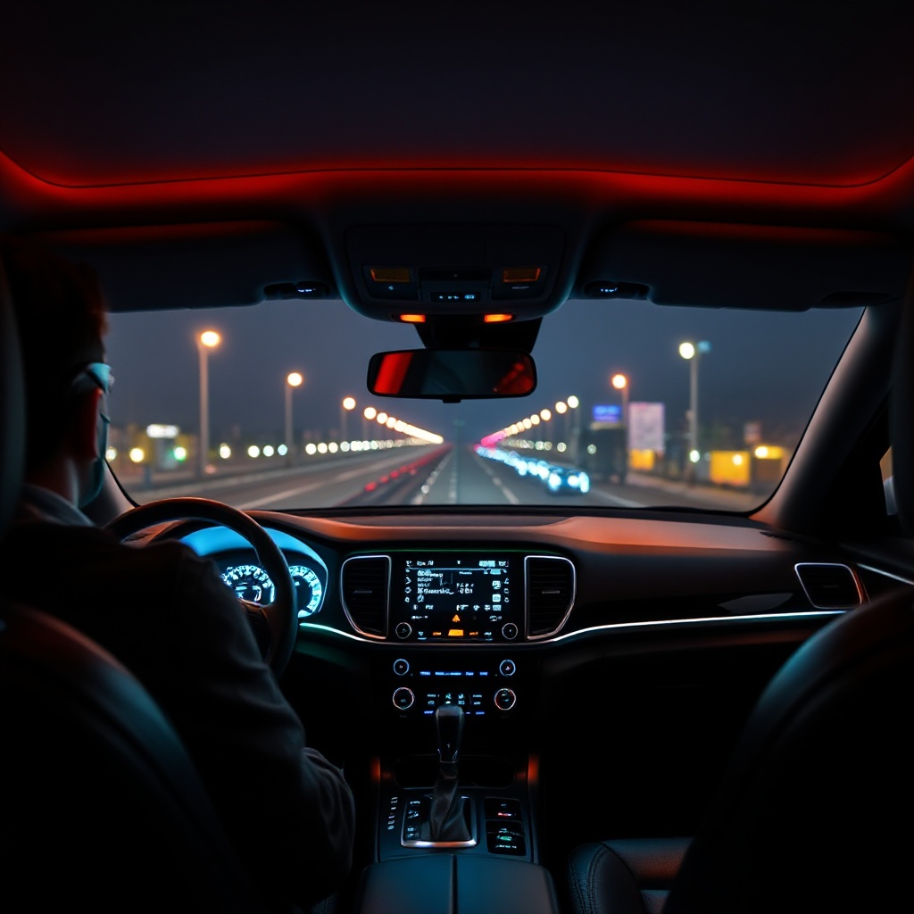 Interior of a next-generation vehicle dashboard at night, showing ambient LED lighting, illuminated touch controls, and digital displays all powered by integrated driver ICs. The lighting should demonstrate various colors and intensities showcasing the PWM capabilities.