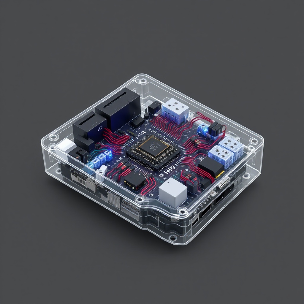Detailed 3D rendering of an automotive body control module (BCM) with transparent casing revealing the internal electronics, highlighting the central driver IC connected to multiple vehicle subsystems including door locks, window controls, lighting systems, and HVAC components.