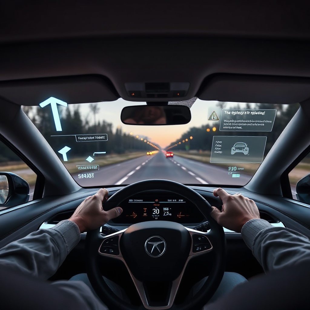 A futuristic car interior with an augmented reality windshield displaying navigation arrows, hazard warnings, and vehicle information floating virtually above the road ahead. The display is subtle yet clear, with a driver whose hands are positioned on the steering wheel but not actively gripping it, demonstrating the semi-autonomous nature of the vehicle. Low evening light creates a contrast between the real world and the digital information.