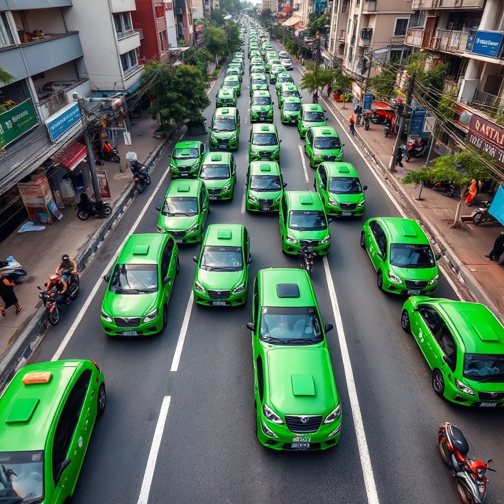 An aerial view of Green SM's electric taxi fleet in operation on a busy street in Hanoi, Vietnam, with the distinctive green-colored electric vehicles visible against the urban landscape. The image shows multiple electric taxis in service alongside traditional vehicles, highlighting the integration of sustainable transportation into the existing urban environment.