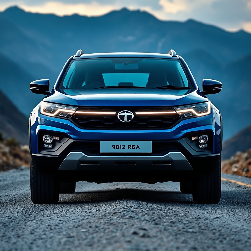 A front three-quarter view of the new Tata Sierra SUV in metallic blue, showcasing its boxy design, LED light strip, polygonal headlamps, and clear Land Rover Defender design influences. The vehicle is positioned on a rugged mountain road with dramatic landscape in the background.