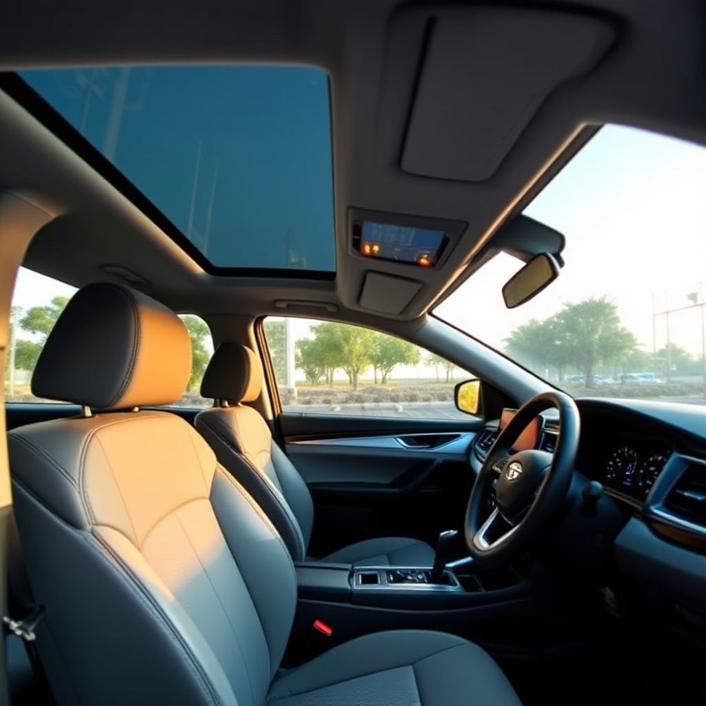 Interior view of the new Tata Sierra showcasing the 12.3-inch touchscreen, digital instrument cluster, panoramic sunroof, and premium materials. The image captures the front seats and dashboard with ambient lighting active, demonstrating the modern technology features.