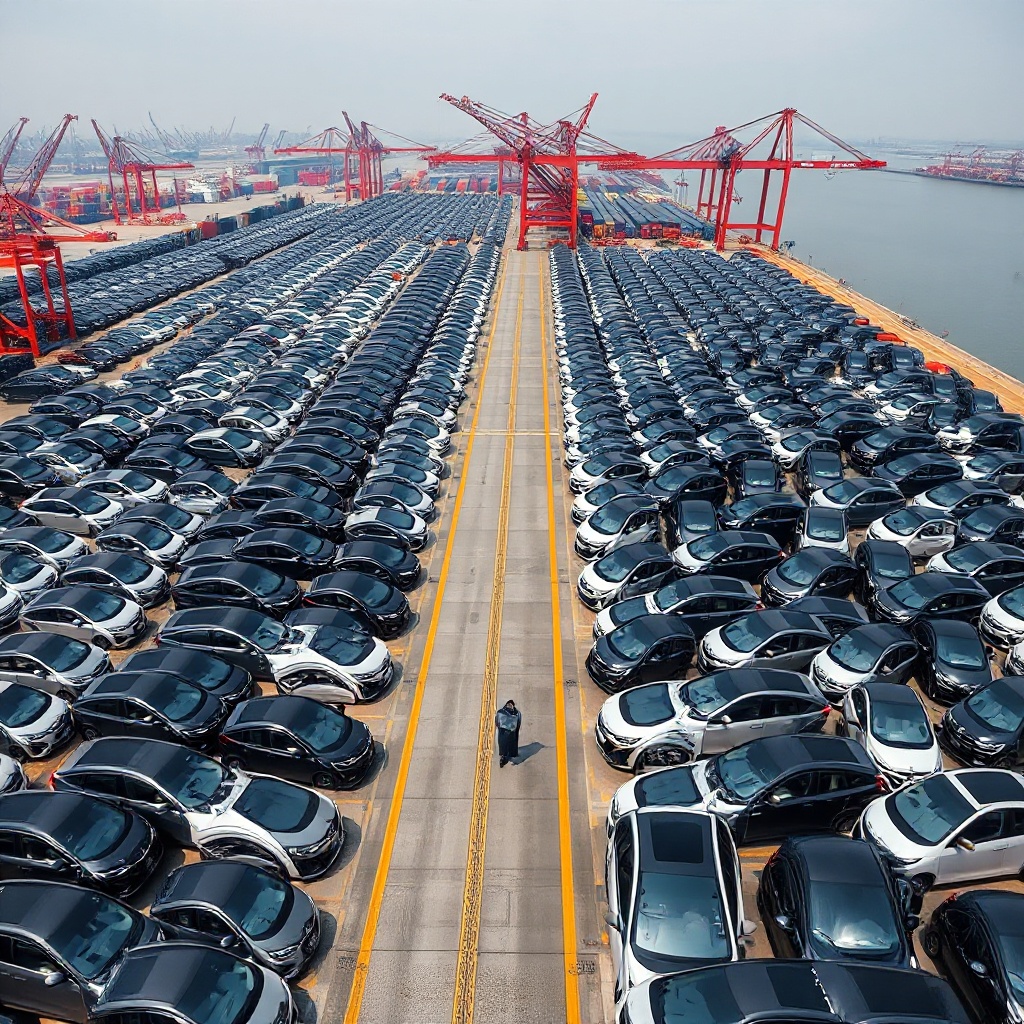An aerial view of a massive Chinese port facility with thousands of new vehicles lined up for export, showing rows of electric vehicles from brands like BYD and Geely waiting to be loaded onto cargo ships, with cranes operating in the background.