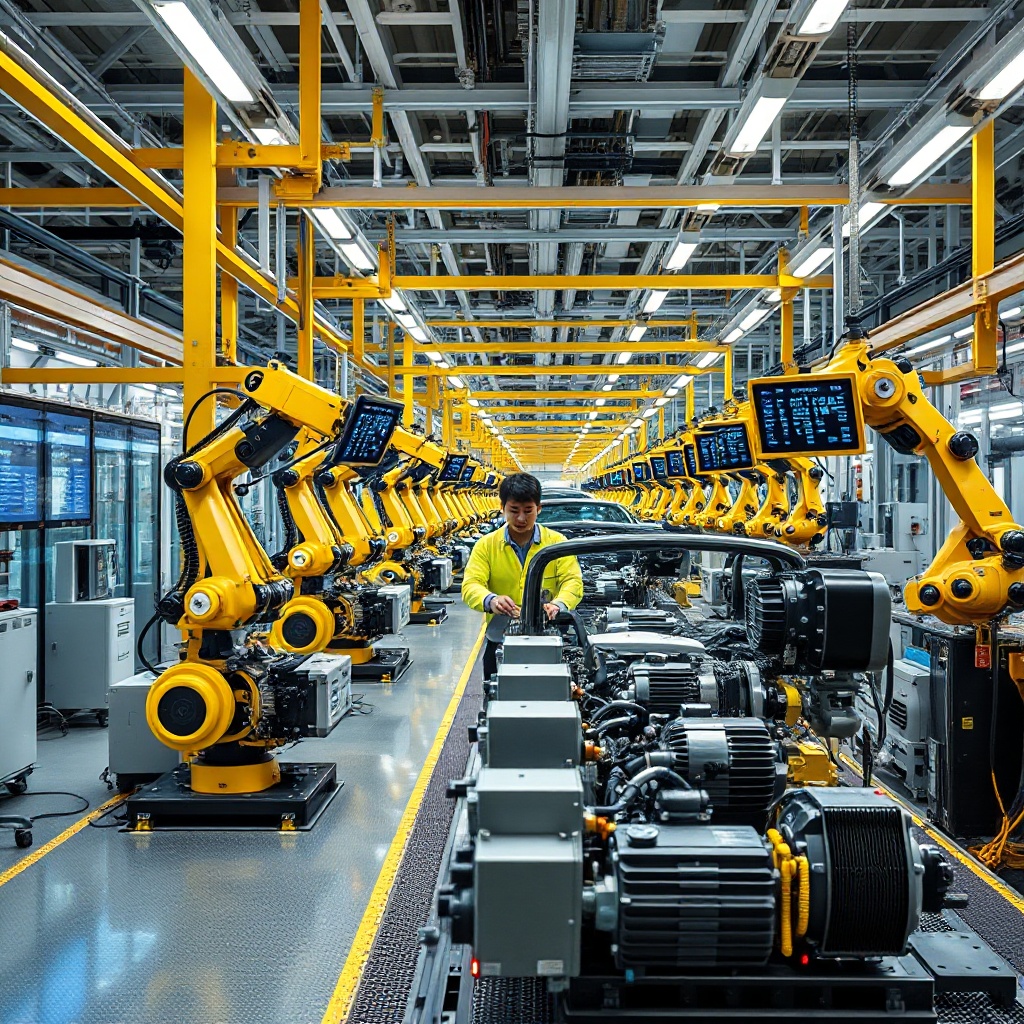 A modern Chinese electric vehicle production line in a high-tech factory, showing robots and workers assembling advanced battery systems and electric motors, with digital displays monitoring production metrics.