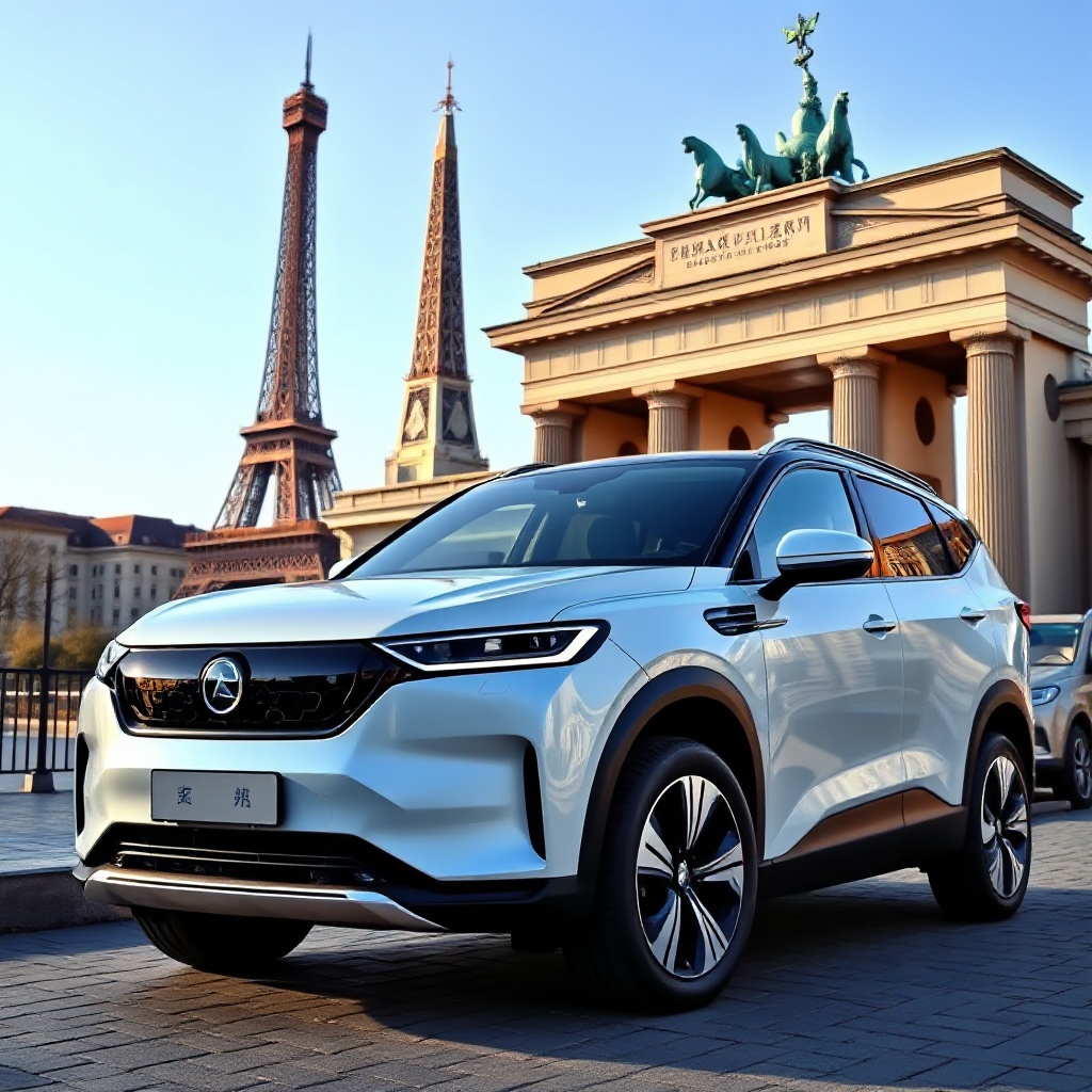 A sleek Chinese electric SUV parked in front of recognizable European landmarks like the Eiffel Tower or Brandenburg Gate, highlighting the growing presence of Chinese automotive brands in European markets.