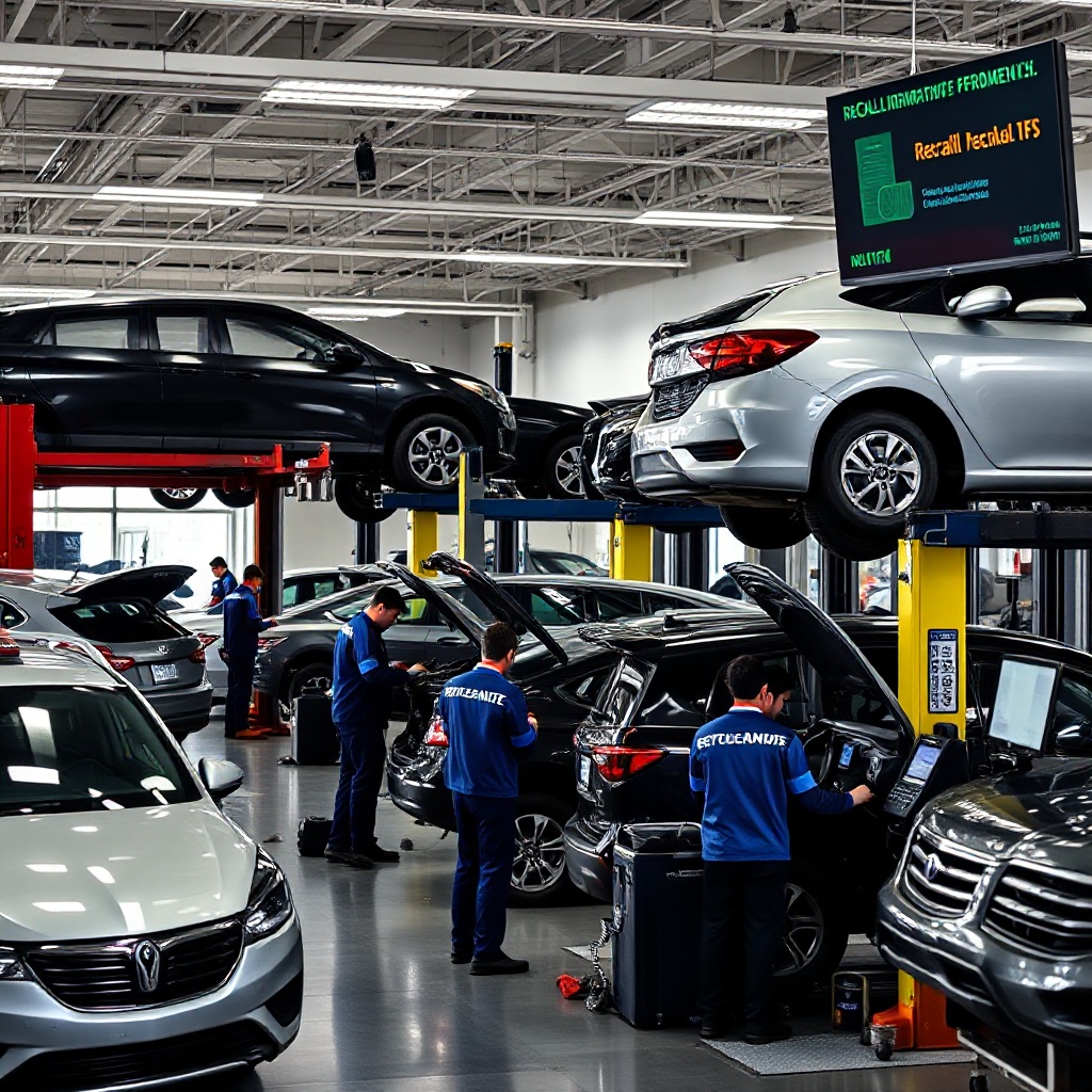 A busy automotive dealership service center with multiple vehicles on lifts, technicians working on repairs, and a digital screen displaying recall information. The service bay should show a mix of vehicle types and models, with mechanics using diagnostic equipment on modern vehicles.
