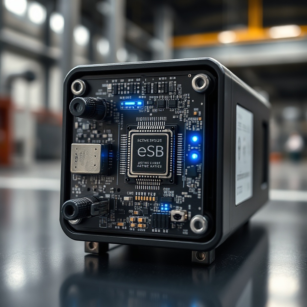 A close-up of a modern industrial IoT device with an embedded eSIM chip visible on its circuit board, with subtle blue connectivity indicators showing active status. The device should be sleek, modern and placed in an industrial setting with soft lighting highlighting the technology components.