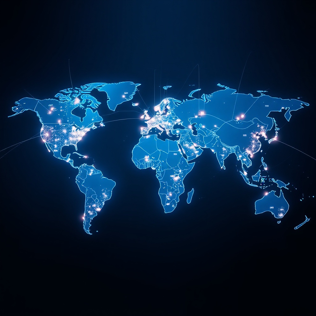 A dynamic visualization of global connectivity showing a world map with illuminated connection points representing IoT devices across multiple sectors (healthcare, utilities, logistics, smart cities). Thin light beams should connect these points across continents, illustrating the seamless global network enabled by eSIM technology.