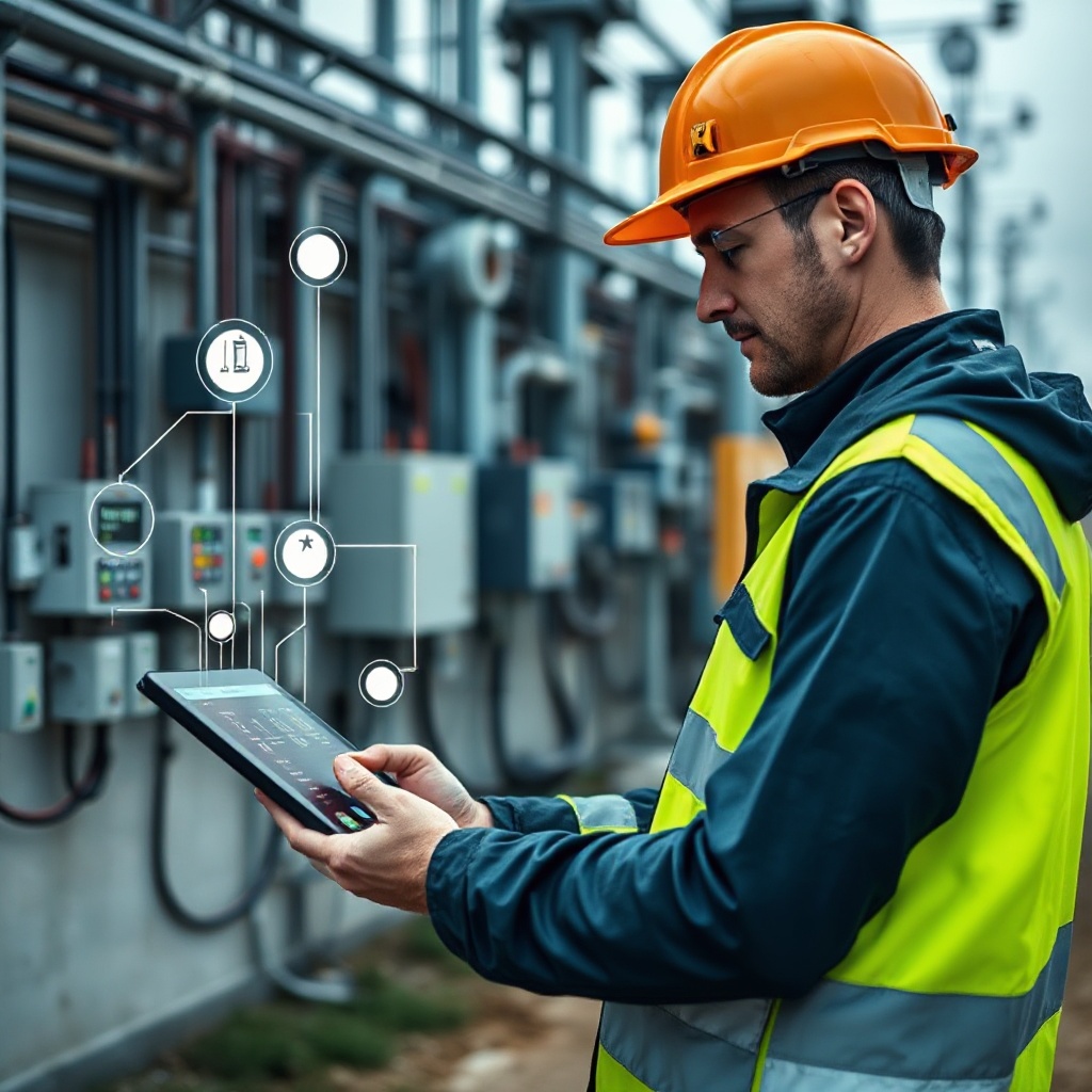 A field technician in professional attire using a tablet to remotely provision or monitor multiple industrial IoT devices at a utility installation or smart city infrastructure site. The image shows multiple connected devices with status indicators and the technician clearly managing them remotely without physical intervention.