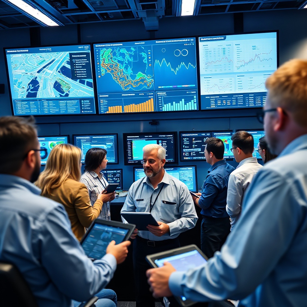 A modern fleet management control center with large screens displaying real-time vehicle tracking, AI-analyzed driver behavior metrics, and predictive maintenance alerts. A diverse team of fleet managers is reviewing the data while some use tablet devices to interact with the system. The room has a high-tech, professional atmosphere with blue and white lighting.