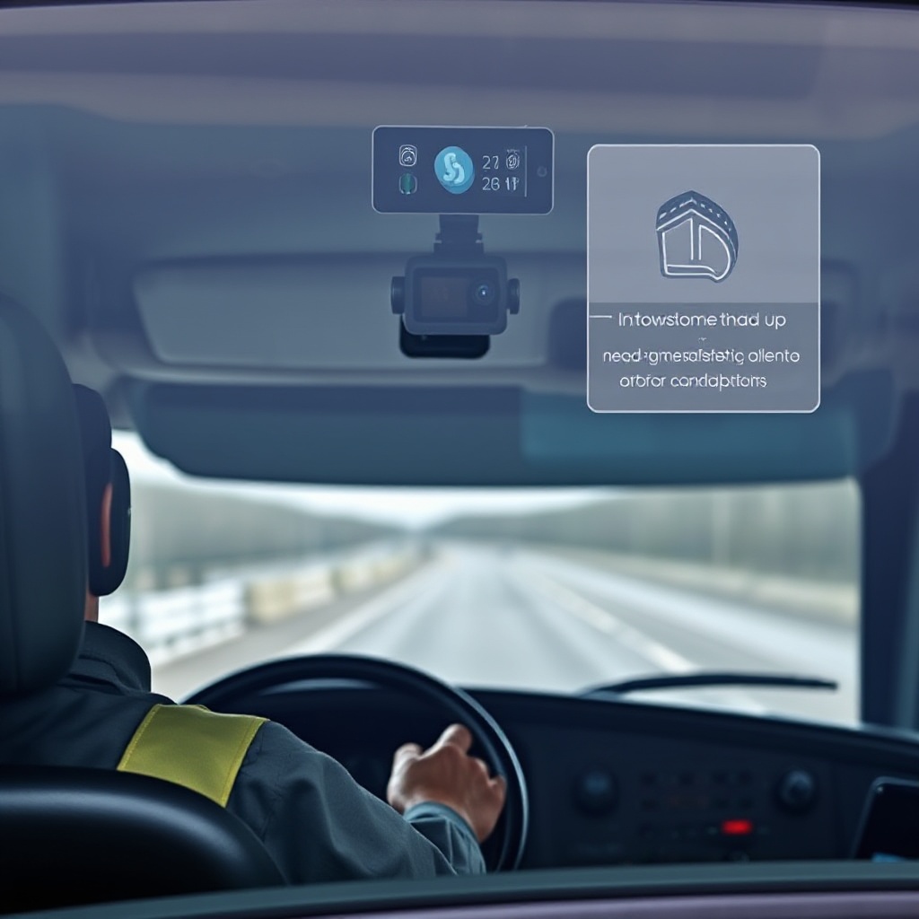 A commercial truck driver inside a vehicle cab with an AI dash cam visibly mounted on the windshield. The dash cam has a small indicator light showing it's active, while the driver is focused on the road ahead. A subtle heads-up display shows real-time safety alerts and route optimization suggestions in the corner of the windshield, demonstrating the integration of AI technology in daily driving operations.