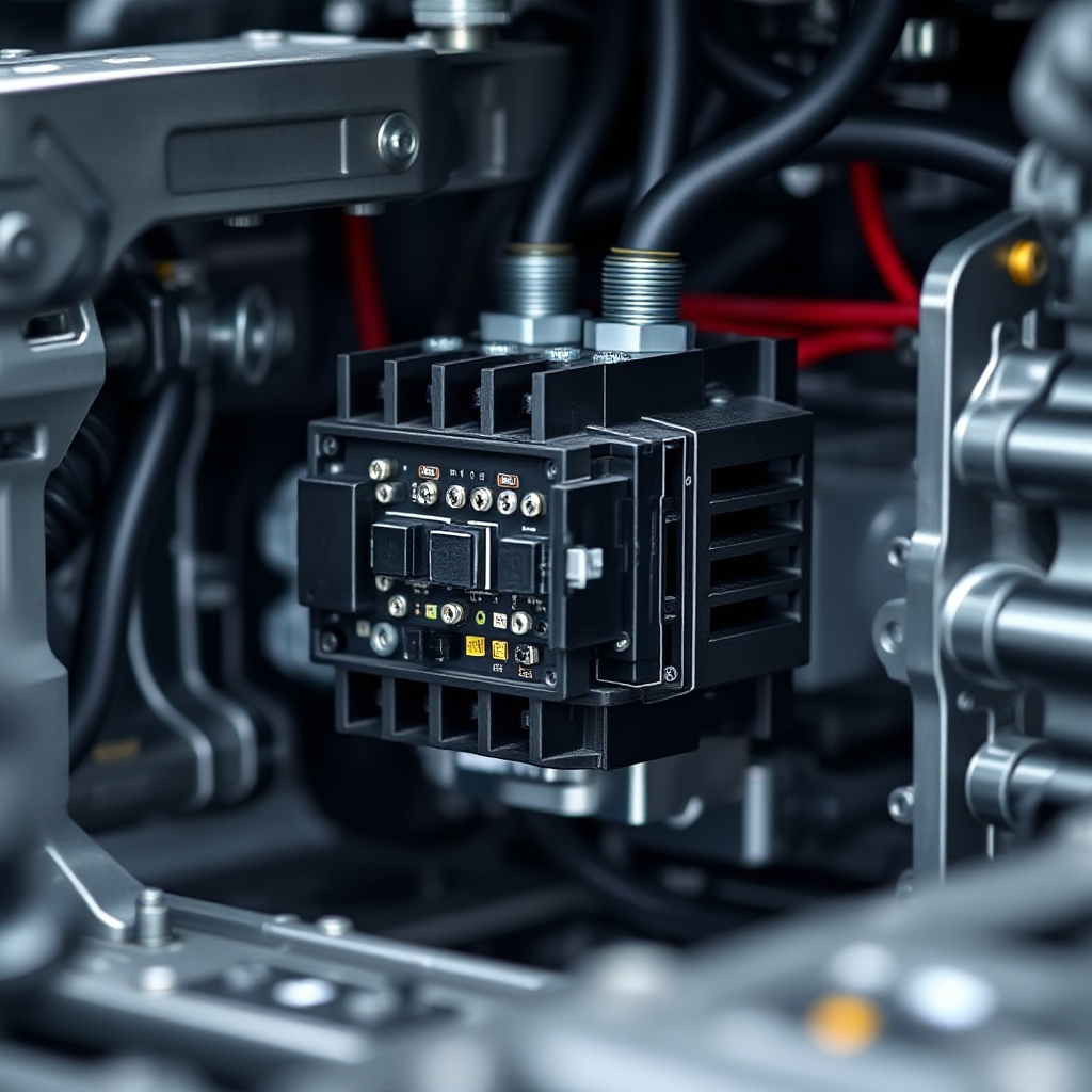 Close-up of a modern solid-state contactor module being installed in an electric vehicle powertrain, with visible semiconductor components and cooling elements. The sleek, compact device should contrast with traditional bulky mechanical contactors, highlighting the miniaturization enabled by advanced semiconductor technology.