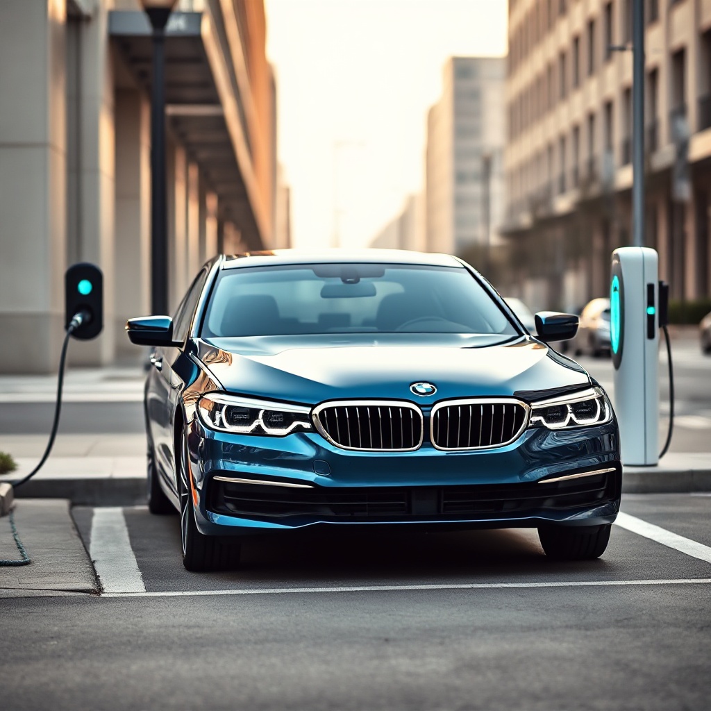 A sleek BMW 530e plug-in hybrid in Phytonic Blue Metallic parked at a charging station in an upscale urban setting. The car is at a three-quarter front angle with subtle blue accents highlighting its hybrid nature. Charging cable is connected, with the charging port's LED ring glowing to indicate active charging.