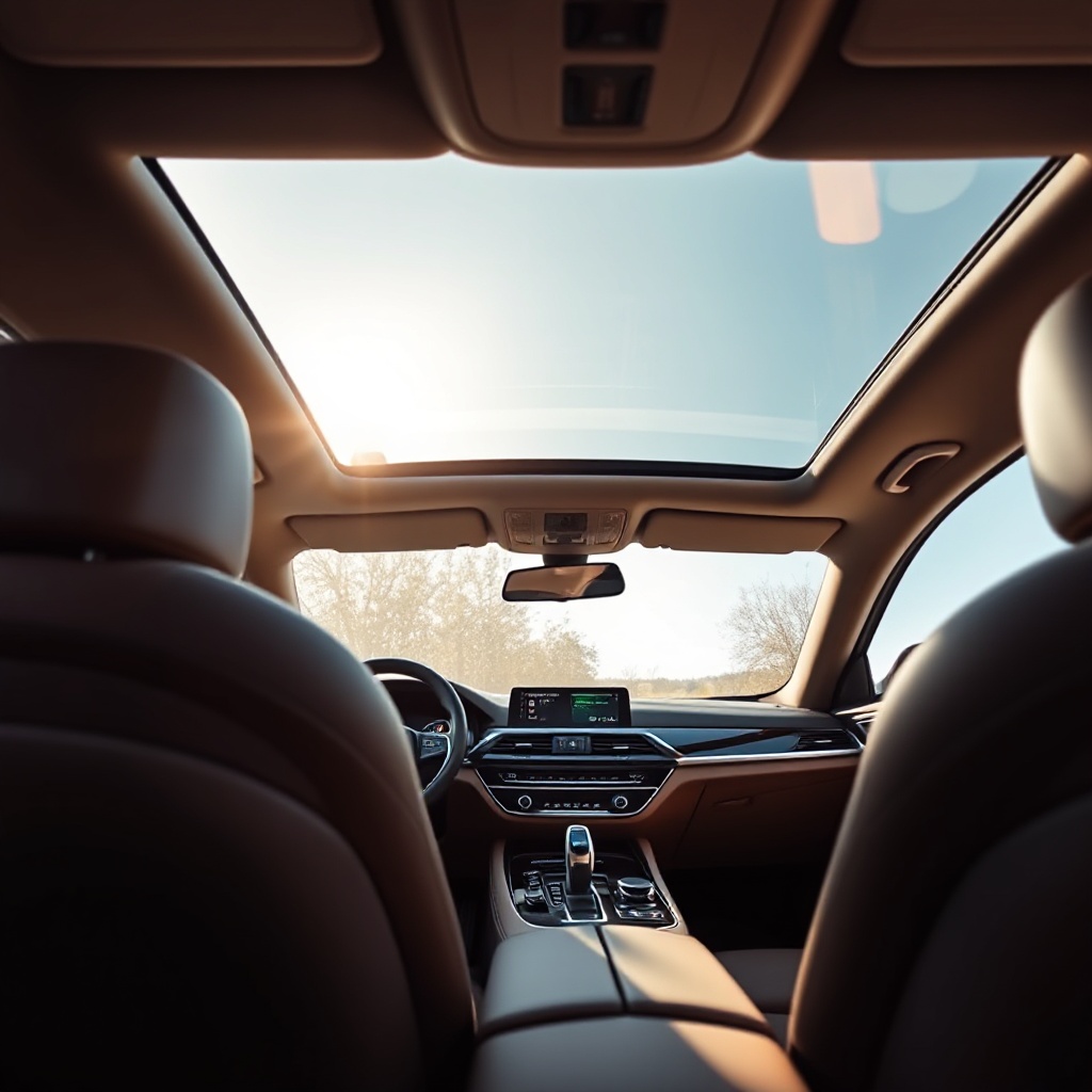 Interior shot of the BMW 530e's luxury cabin featuring the curved digital display, premium leather sports seats, and ambient lighting. The display shows the hybrid system information with battery status and electric range highlighted. Natural light flows through the panoramic sunroof, highlighting the premium materials and craftsmanship.