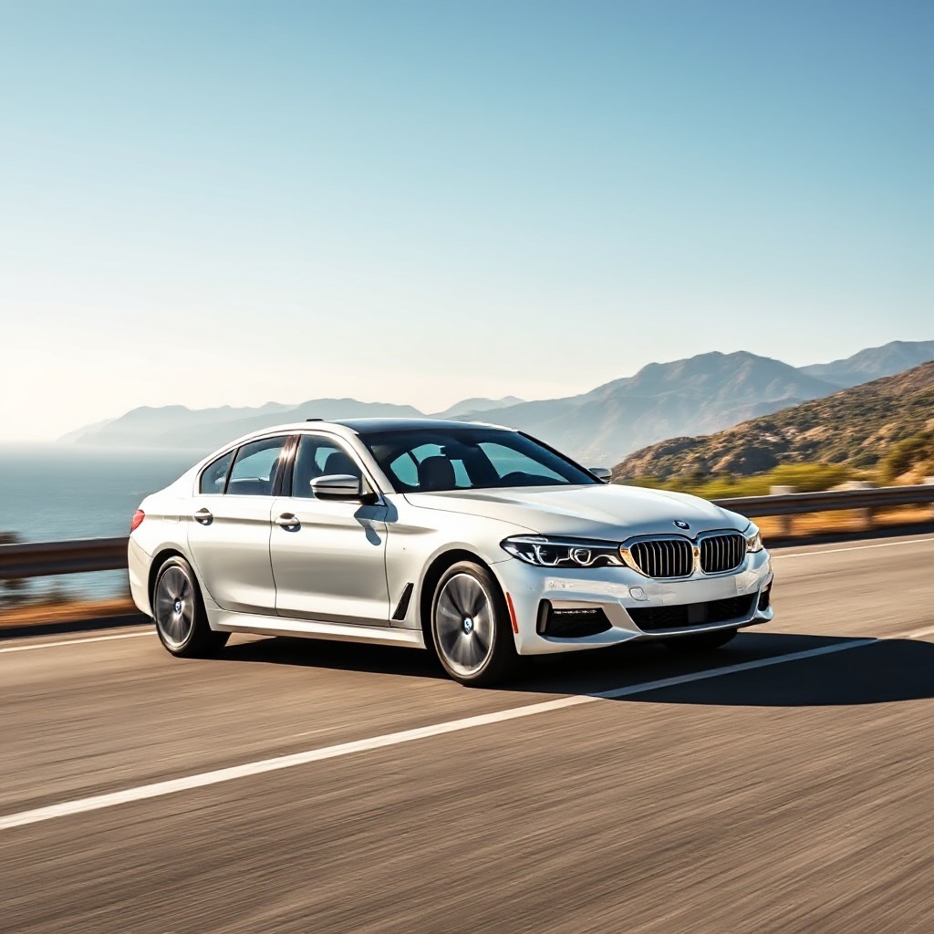 Dynamic driving shot of a Mineral White BMW 530e on a scenic coastal road with mountains in the background. The car is captured in motion with a slight angle showing both front and side profiles. The image should convey both performance and sophistication while showcasing the vehicle's distinctive BMW design elements.