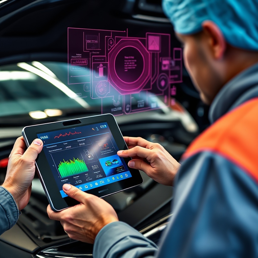 A close-up view of a modern automotive technician using a tablet-based AI diagnostic scanner with a vibrant touchscreen display showing real-time vehicle data and diagnostic information. The technician is connecting the device to an electric vehicle's OBD port while holographic-style diagnostic information appears to float above the vehicle's engine bay.