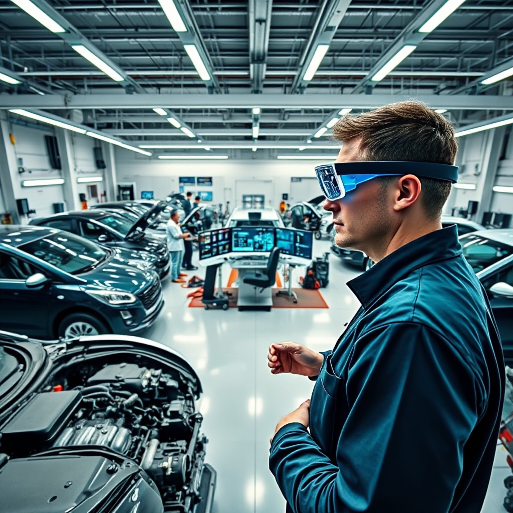 A wide-angle view of a modern automotive workshop where multiple vehicles (including traditional, hybrid, and fully electric) are being serviced using AI-powered diagnostic equipment. Technicians are seen collaborating around a central diagnostic station where multiple screens display vehicle data, while a technician in the foreground uses augmented reality glasses to view an overlay of repair instructions on an engine component.