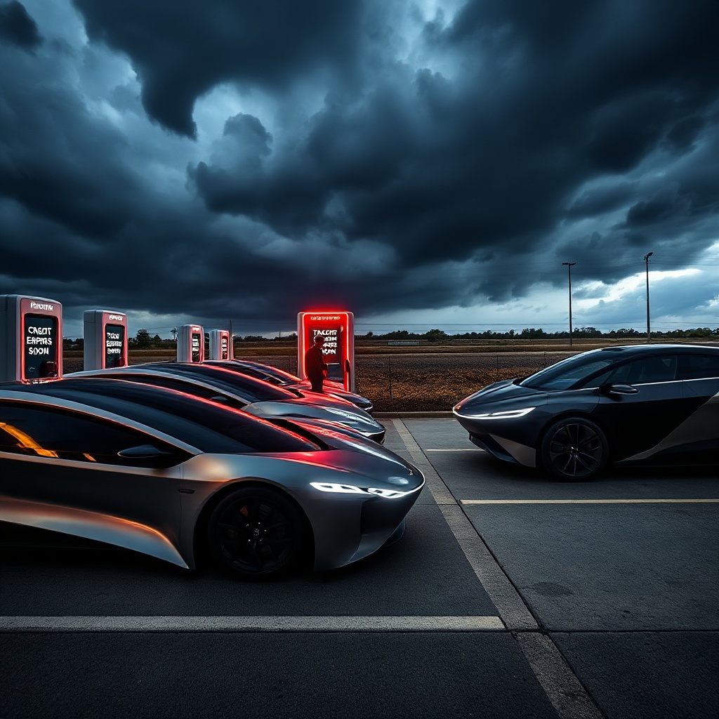 A dramatic photograph showing several futuristic electric vehicles from American startups (such as a Lucid Air and Rivian R1T) lined up at a charging station with 'Tax Credit Expires Soon' signage visible, with dark storm clouds gathering in the background, symbolizing the uncertain future facing these companies.