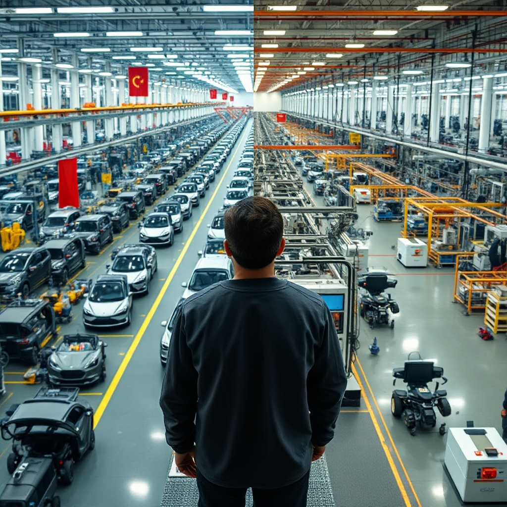 A compelling visual showing a split-screen comparison between bustling EV manufacturing facilities - on one side a massive, high-tech Chinese EV factory floor with numerous vehicles in production, and on the other side a smaller American startup facility with fewer vehicles but innovative technology visible, illustrating the global competition and scale differences.