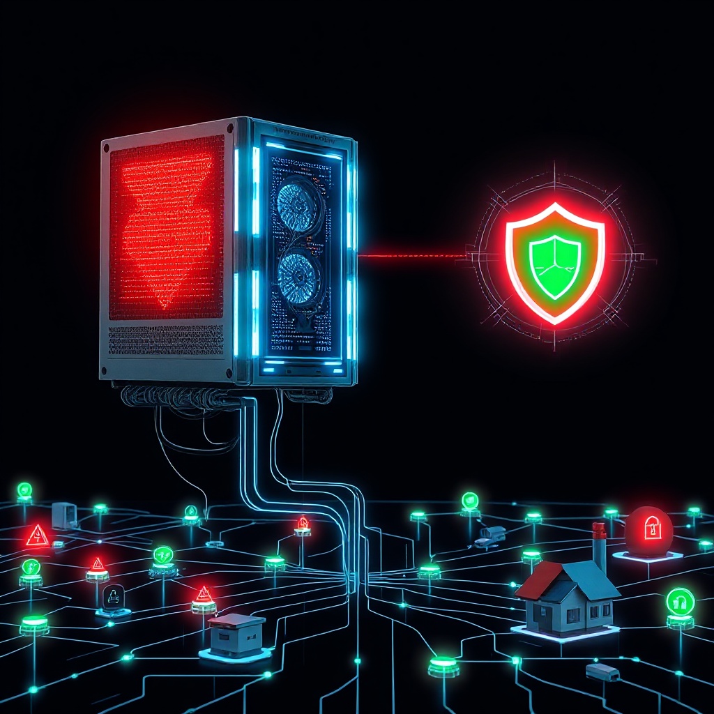 A high-resolution visualization showing a futuristic quantum computer (with distinctive cooling apparatus and blue lighting) on one side, connected by digital tendrils to a network of small IoT devices (smart meters, sensors, and home automation devices) on the other side. The connection between them shows both red warning symbols (representing threats) and green shield symbols (representing protection measures), illustrating the balance between quantum threats and security measures.