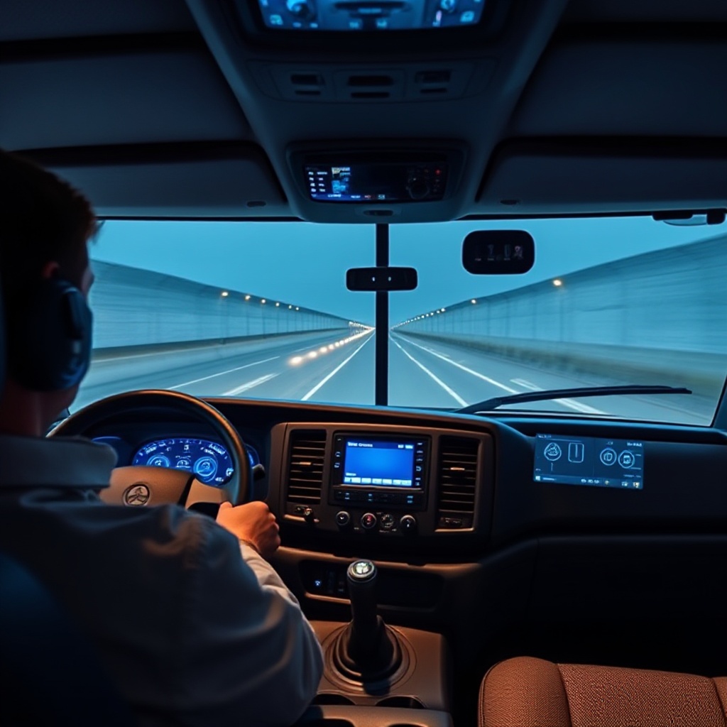A modern commercial truck dashboard showing an installed ELD device and AI dashcam system in operation. The ELD displays a driver's hours of service information while the AI dashcam monitors the road ahead. The cab interior should be clean and professional with subtle blue lighting from the technology interfaces. No text should be readable on the screens.