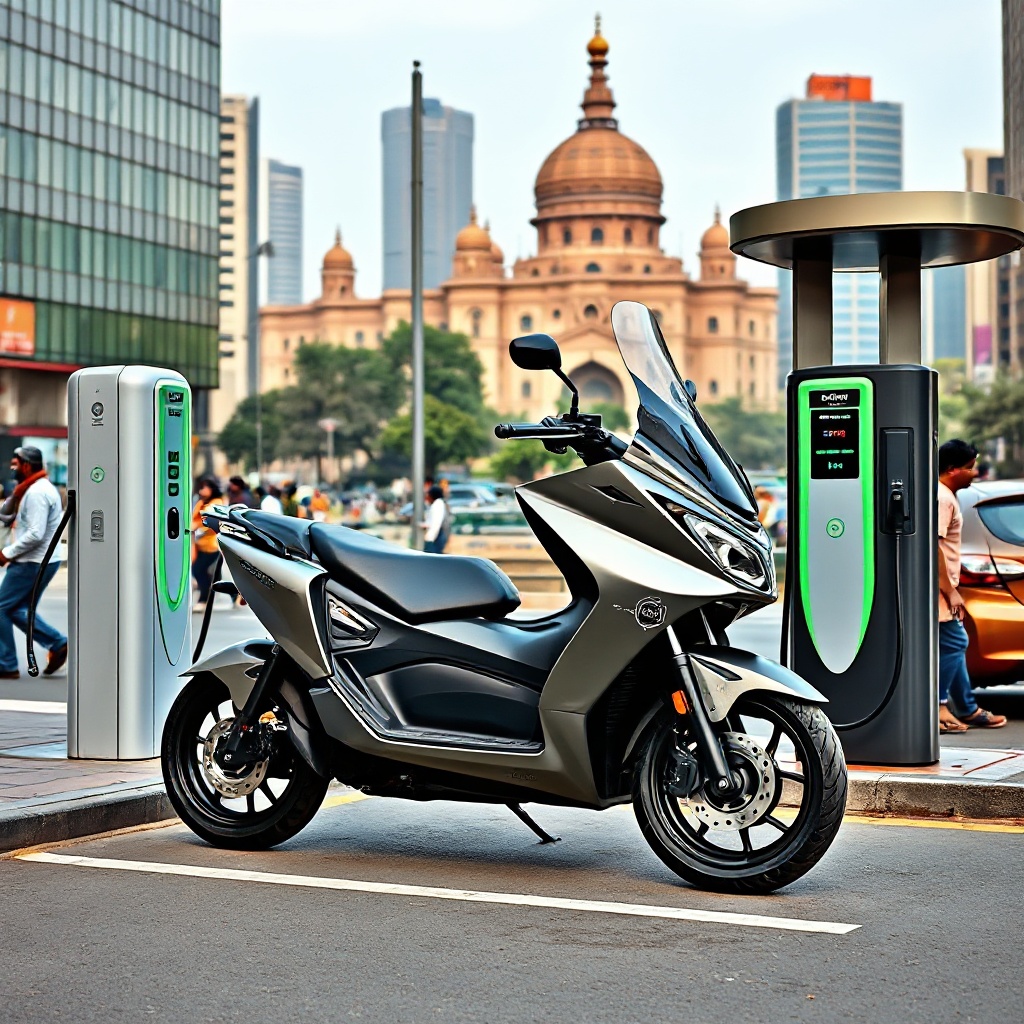 A sleek, modern electric two-wheeler (resembling an Ola S1 or Ather 450X) parked at a charging station in a busy urban Indian setting, with the iconic architecture of a major Indian city visible in the background. The charging station should be modern and well-designed.