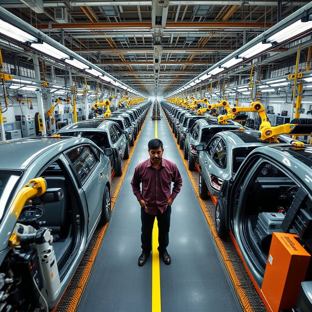 A wide-angle view of an EV manufacturing facility in India showing an assembly line with workers installing battery packs into electric vehicles. The facility should look high-tech with robots and human workers collaborating, with several vehicles in different stages of production visible.