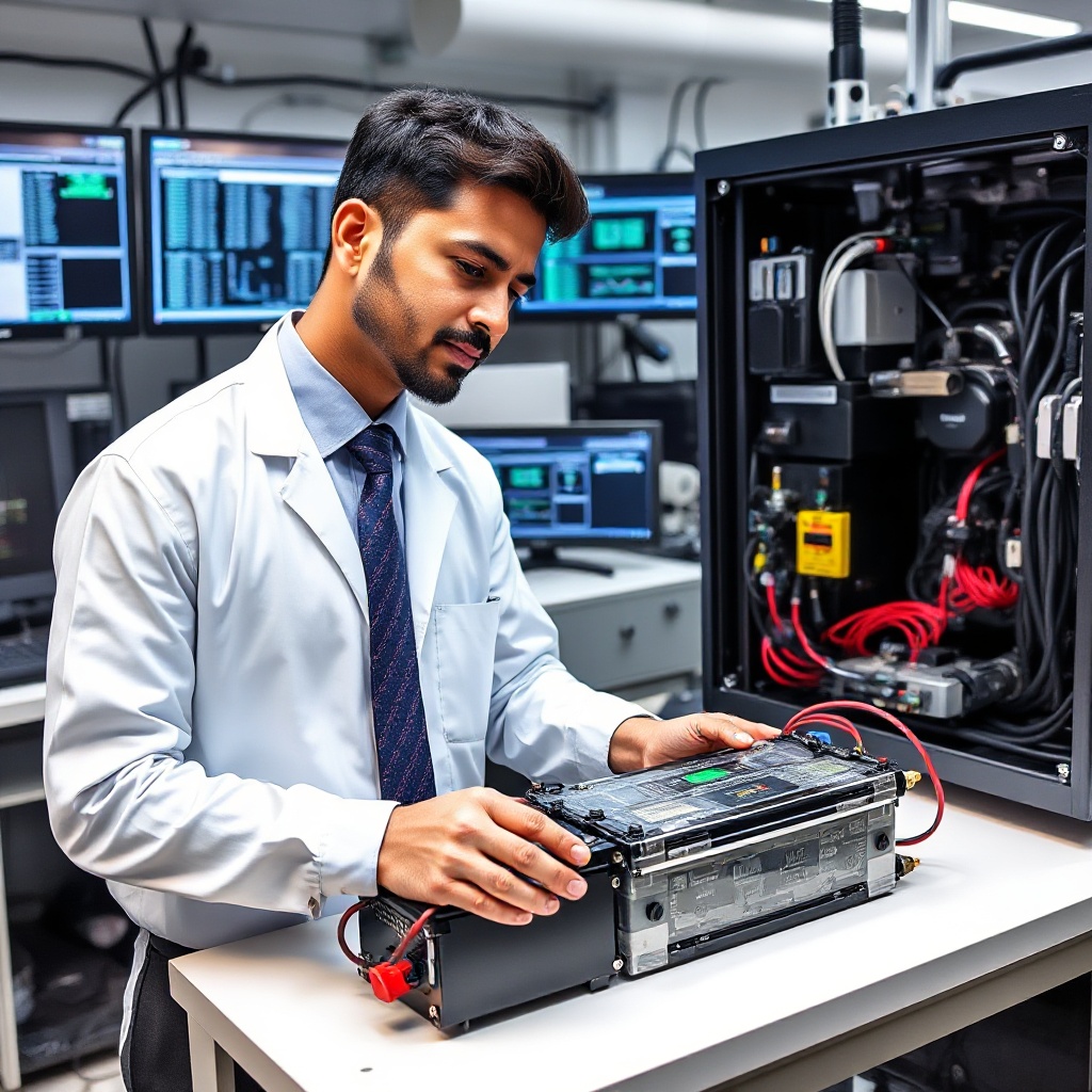 A professional Indian engineer or technician in business attire examining an electric vehicle battery system in a research laboratory environment. The lab should contain testing equipment, computer screens with technical data, and the battery components clearly visible on a workbench.