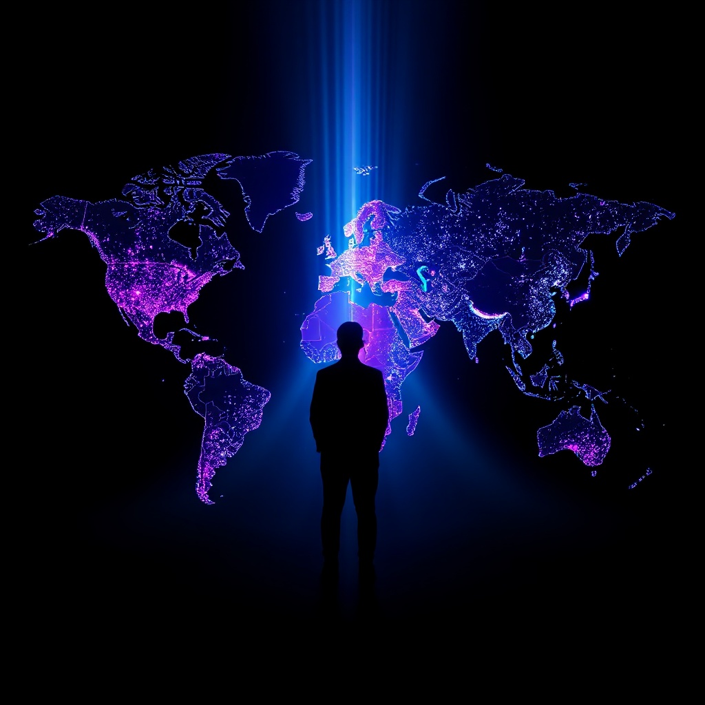 A striking visual representation of the global 6G digital divide showing a world map with varying levels of connectivity. Advanced regions (North America, parts of Europe, East Asia) are illuminated with bright purple and blue light patterns representing high-frequency terahertz waves, while developing regions appear darker with sparse light points. The image should convey the uneven distribution of next-generation wireless technology across different geographic areas, with light gradients showing the transition zones between advanced and developing telecommunications infrastructure.