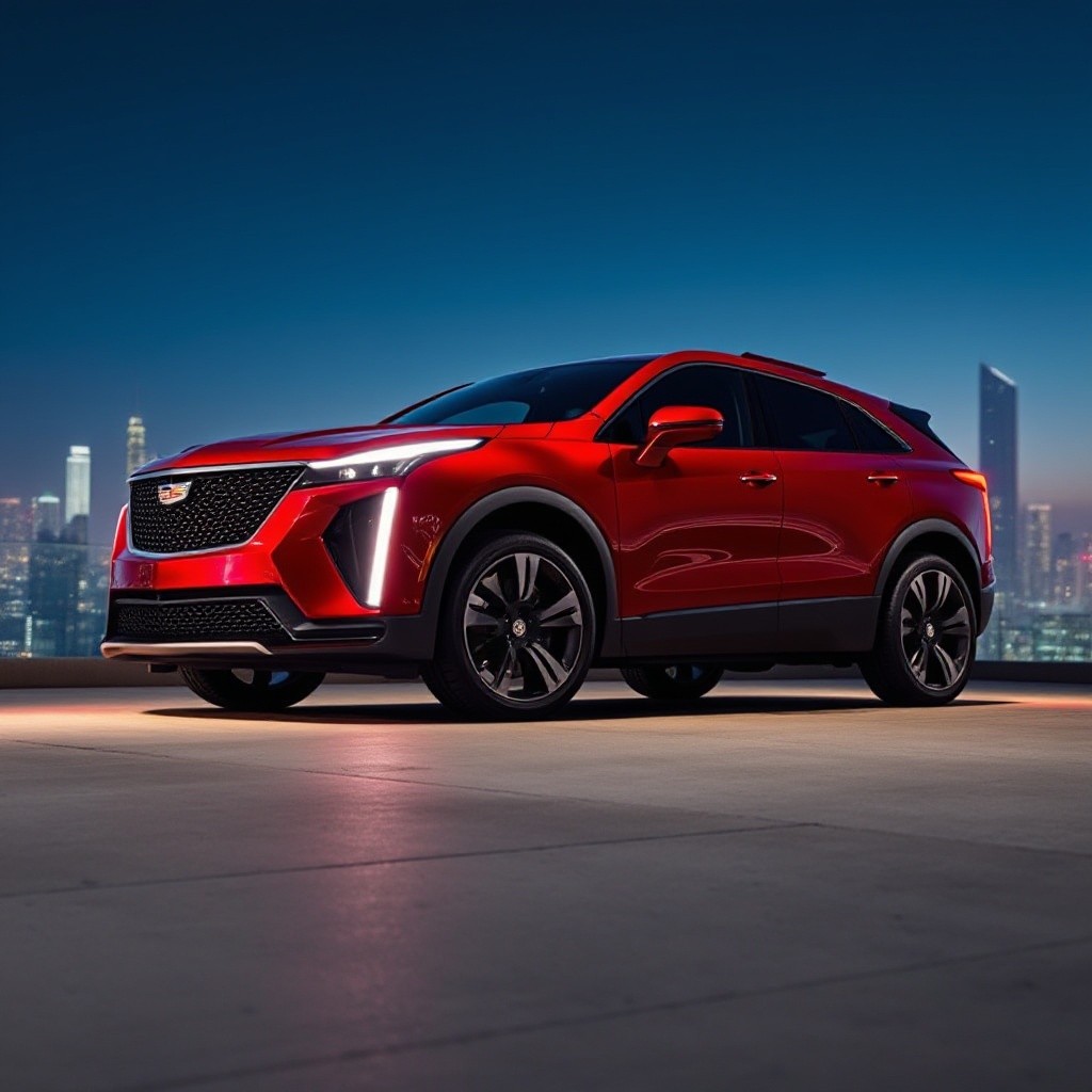 A dramatic side profile shot of the 2025 Cadillac LYRIQ in Radiant Red Tintcoat, parked on a modernist concrete platform with a futuristic city skyline in the background at dusk. The vehicle's distinctive illuminated grille and signature vertical lighting elements are glowing, highlighting the vehicle's bold, sculpted design lines. The 22-inch wheels and panoramic glass roof are clearly visible, showcasing the vehicle's luxury proportions and athletic stance.