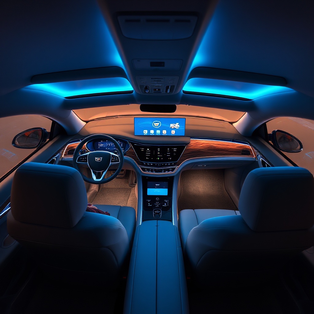 An overhead interior view of the 2025 Cadillac OPTIQ's cabin, featuring the sweeping 33-inch curved LED display illuminated with the Google interface. The Sky Cool Gray interior with open-pore wood accents is visible, along with the customizable ambient lighting glowing in a vibrant blue throughout the cabin. The driver-focused cockpit shows the Super Cruise controls on the steering wheel, and the premium materials and craftsmanship of the seats and door panels are clearly visible, demonstrating Cadillac's attention to luxury details.