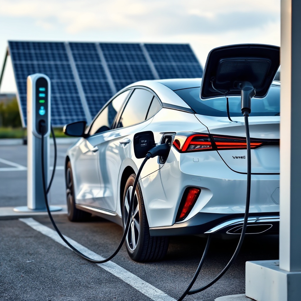 A plug-in hybrid vehicle parked at a charging station with its charging cable connected, showing both a fuel cap and charging port, with solar panels visible in the background to represent clean energy charging.