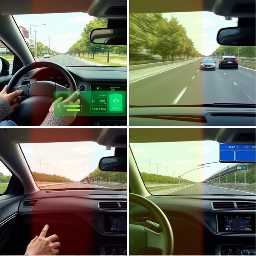 A split-screen comparison showing the same PHEV model in two different usage scenarios - one side showing city driving with a visible battery charge indicator showing electric mode, the other showing highway driving with the combustion engine engaged.