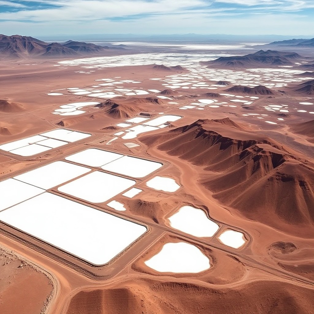 An aerial view of a lithium mining operation in Chile's Atacama Desert, showing the stark contrast between the bright white lithium ponds and the surrounding desert landscape, representing the environmental footprint of battery production.