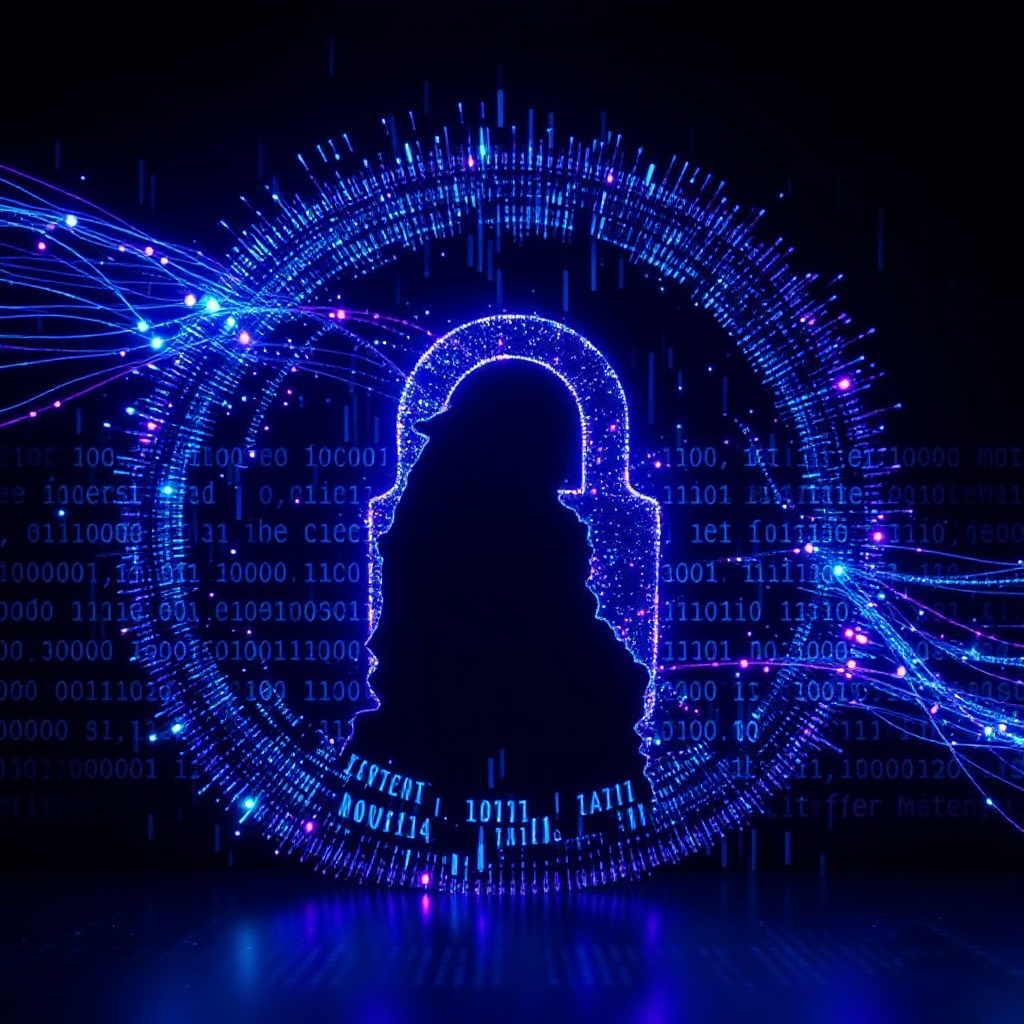 A dramatic visualization of quantum computing technology with blue and purple light patterns representing quantum bits, positioned against a dark background with digital encryption code fading or breaking apart, symbolizing the threat to current encryption methods.