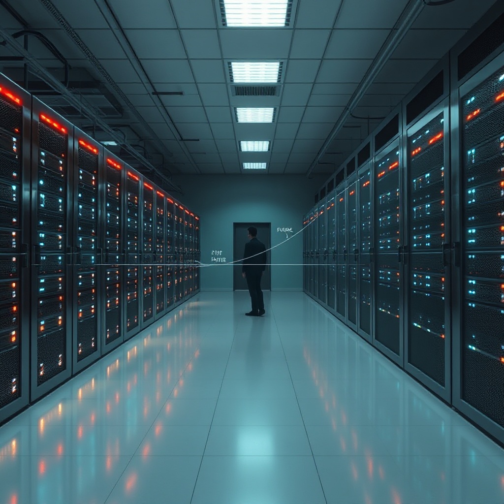 A secure server room with rows of data storage equipment and blinking lights, with a semi-transparent overlay showing a timeline extending from present day to future, illustrating the