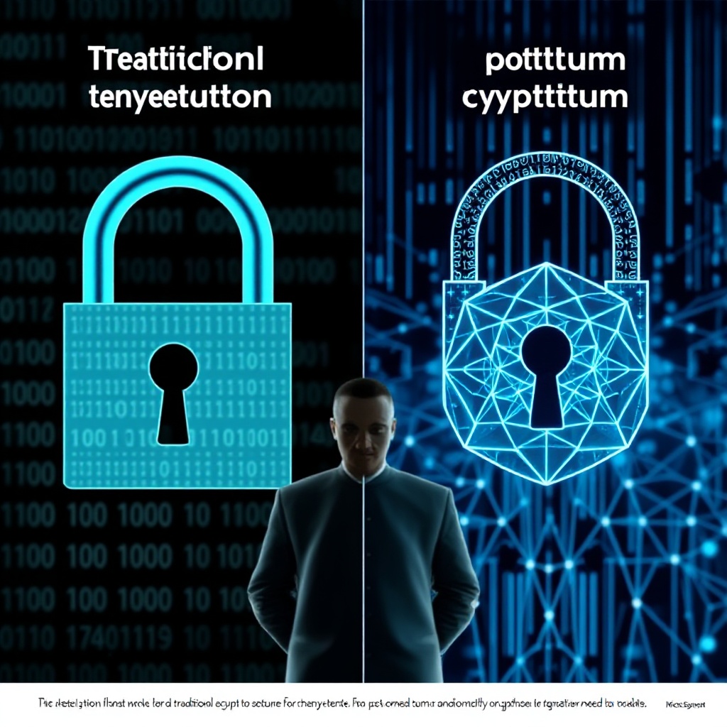A split-screen image showing traditional encryption (represented by conventional lock and key symbols with binary code) on one side and post-quantum cryptography (represented by more complex, advanced-looking geometric encryption patterns) on the other side, illustrating the transition organizations need to make.