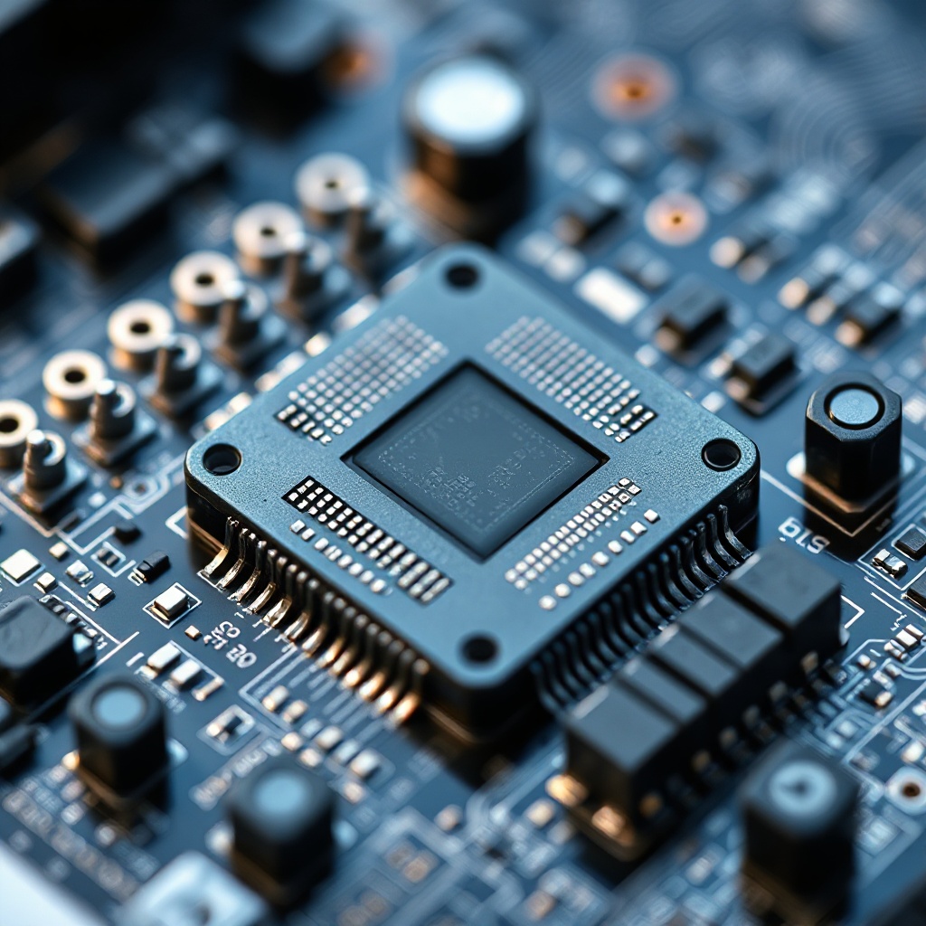 A close-up, detailed photograph of a modern microcontroller board featuring an NPU-accelerated chip. The image shows the intricate circuit board with the main MCU prominently visible, highlighting its small form factor despite powerful AI capabilities. The background subtly suggests a battery-powered IoT application context.