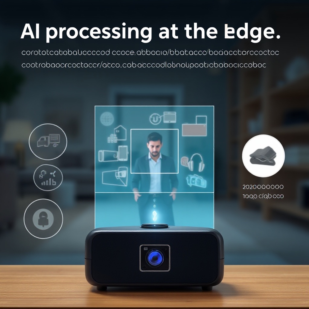 A visual representation of AI processing at the edge, showing a smart home or industrial device performing real-time computer vision analysis. The image captures a device with a small camera module actively identifying objects in its environment, with subtle visual elements indicating the processing is happening locally on the device rather than in the cloud.